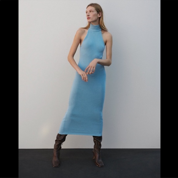 Zara Blue Tube Halter Fitted Midi Dress Size XS-S - Picture 10 of 16